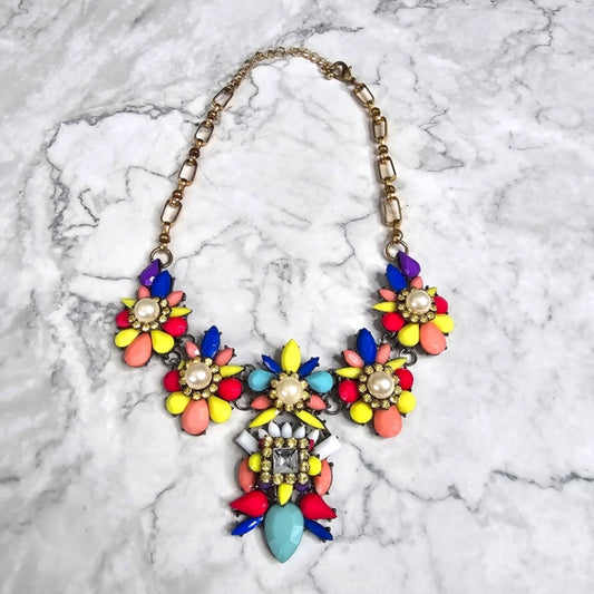 Zara Flower Pearl Rhinestone Gem Chain Link Multicolor Statement Necklace