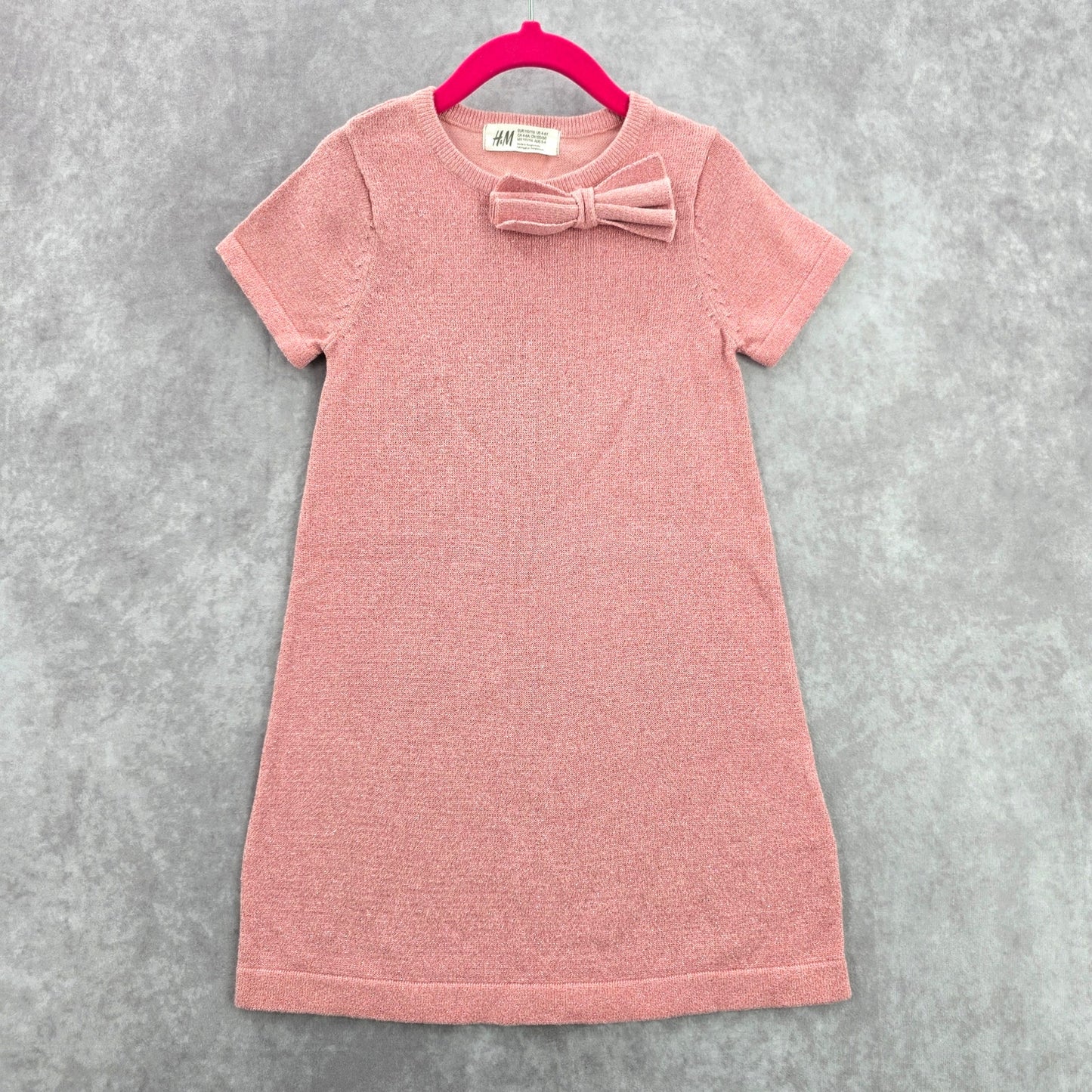 H&M Pink Glitter Bow Princess Cocktail Sweater Metallic Sparkle Dress 4-6Y