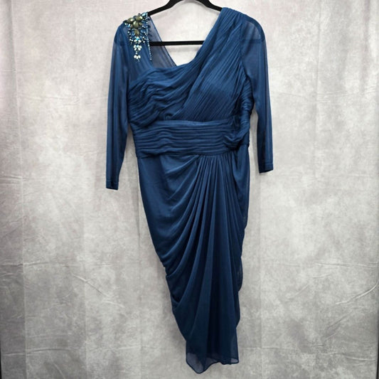 Adrianna Papell Blue Sheer Beaded Midi Length Cocktail Dress Size 12