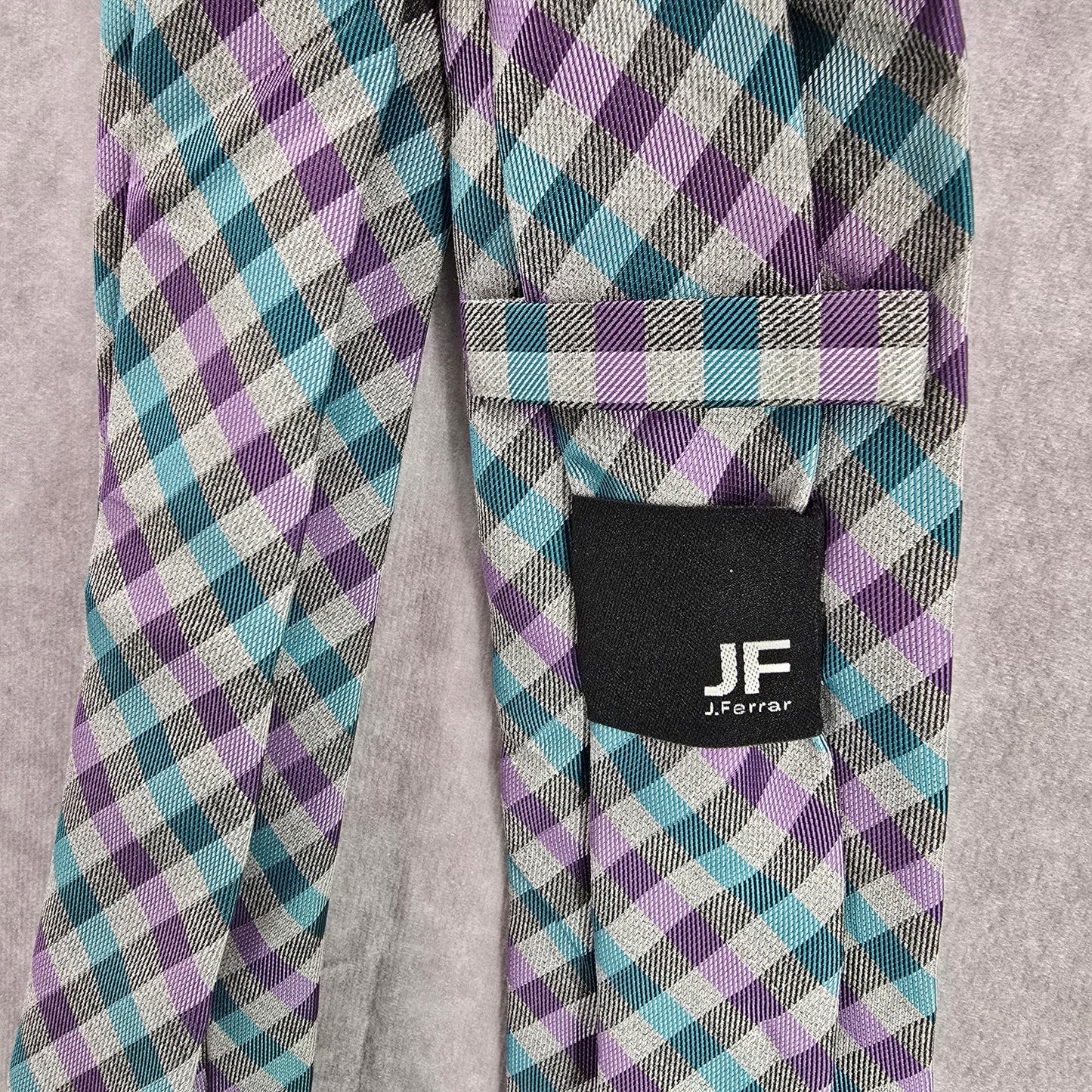 JF J. Ferrar Gray Purple Blue Plaid Men's Neck Tie NWOT