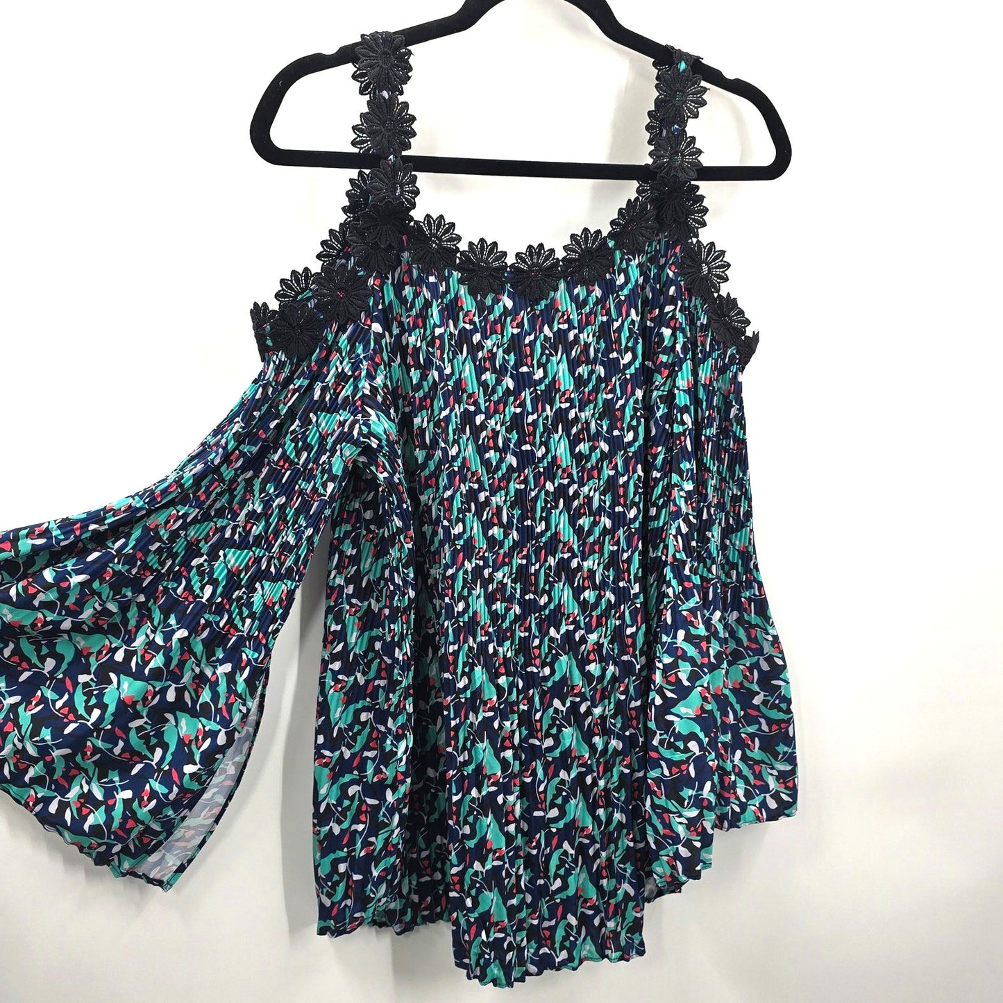 Kate & Mallory Blue Cold Shoulder Floral Lace Flare Blouse Top Shirt Plus 1XL