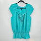 New Directions Green Short Sleeve Sequins L Ruffle Blouse Top Shirt Large