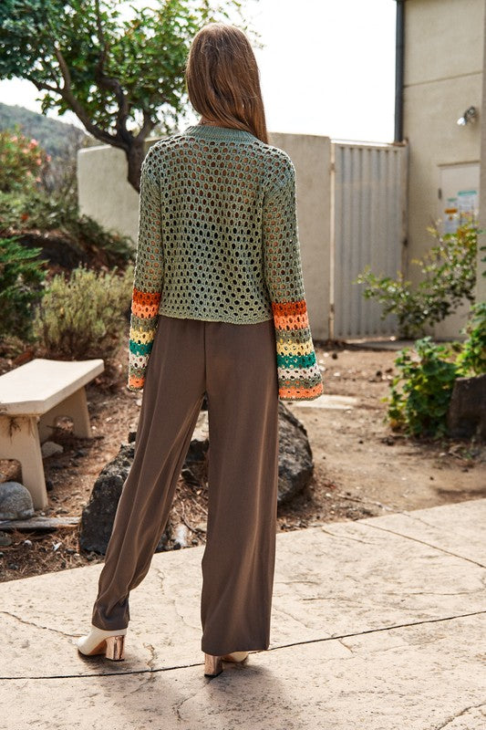 Floral Crochet Striped Sleeve Cropped Knit Sweater