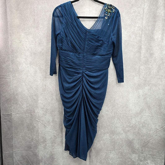 Adrianna Papell Blue Sheer Beaded Midi Length Cocktail Dress Size 12