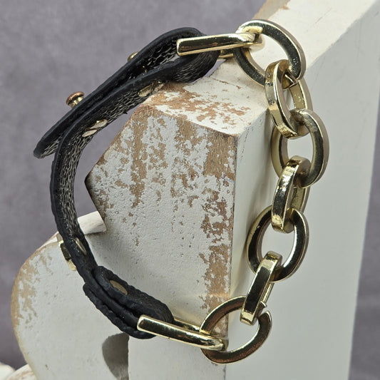 Zara Black Faux Leather Gold Chain Link Bracelet Fashion Jewelry NWOT JB4-13