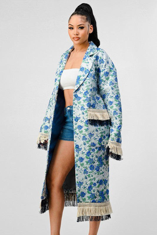 ATHINA FLORAL PRINT TASSLE TRENCH COAT