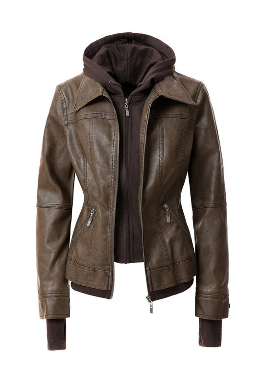 Women's Hood PU Leather Jacket