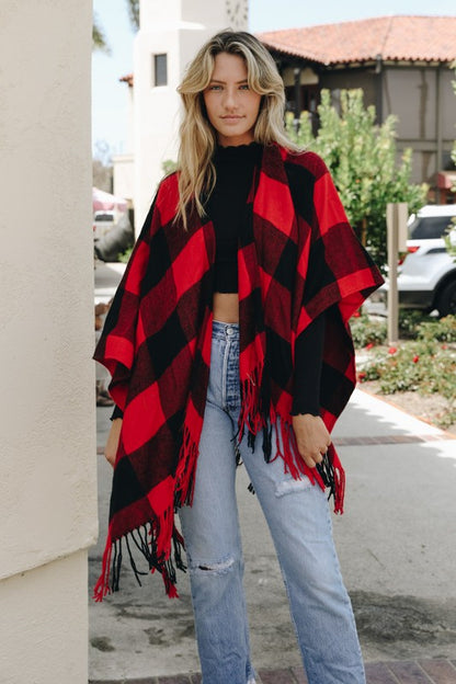 Buffalo Check Tassel Poncho