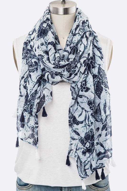 Floral Print Large Tassel Scarf