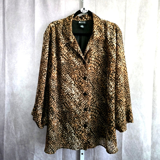 Maggie Barnes Brown Animal Print Button Down Short Blouse Top Size 32W