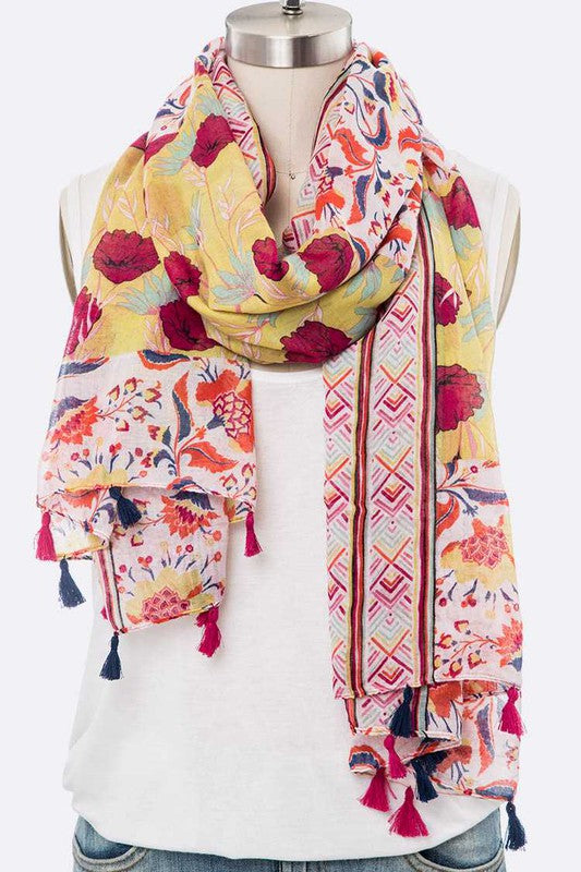 Mix Flower Print Large Tassel Scarf