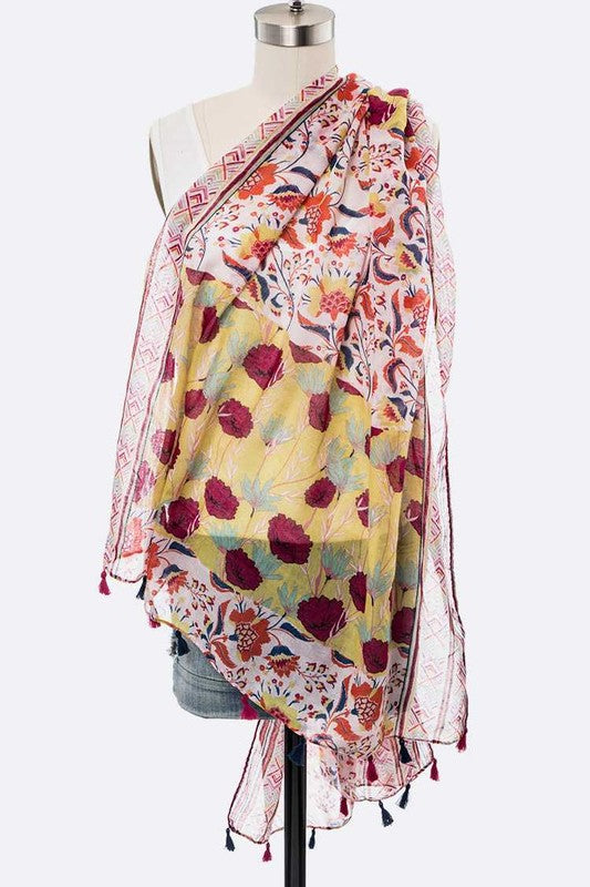 Mix Flower Print Large Tassel Scarf