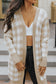 Women Khaki Open Front Plaid Long Cardigan