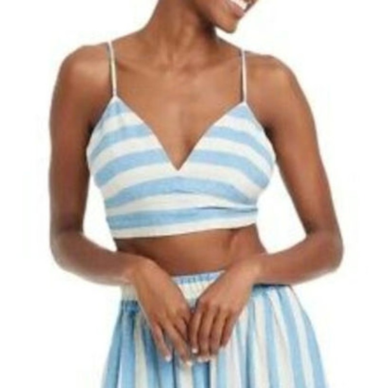 A New Day Blue & White Linen Bungalow Beach Bikini Top Cropped Bra Tank Top L