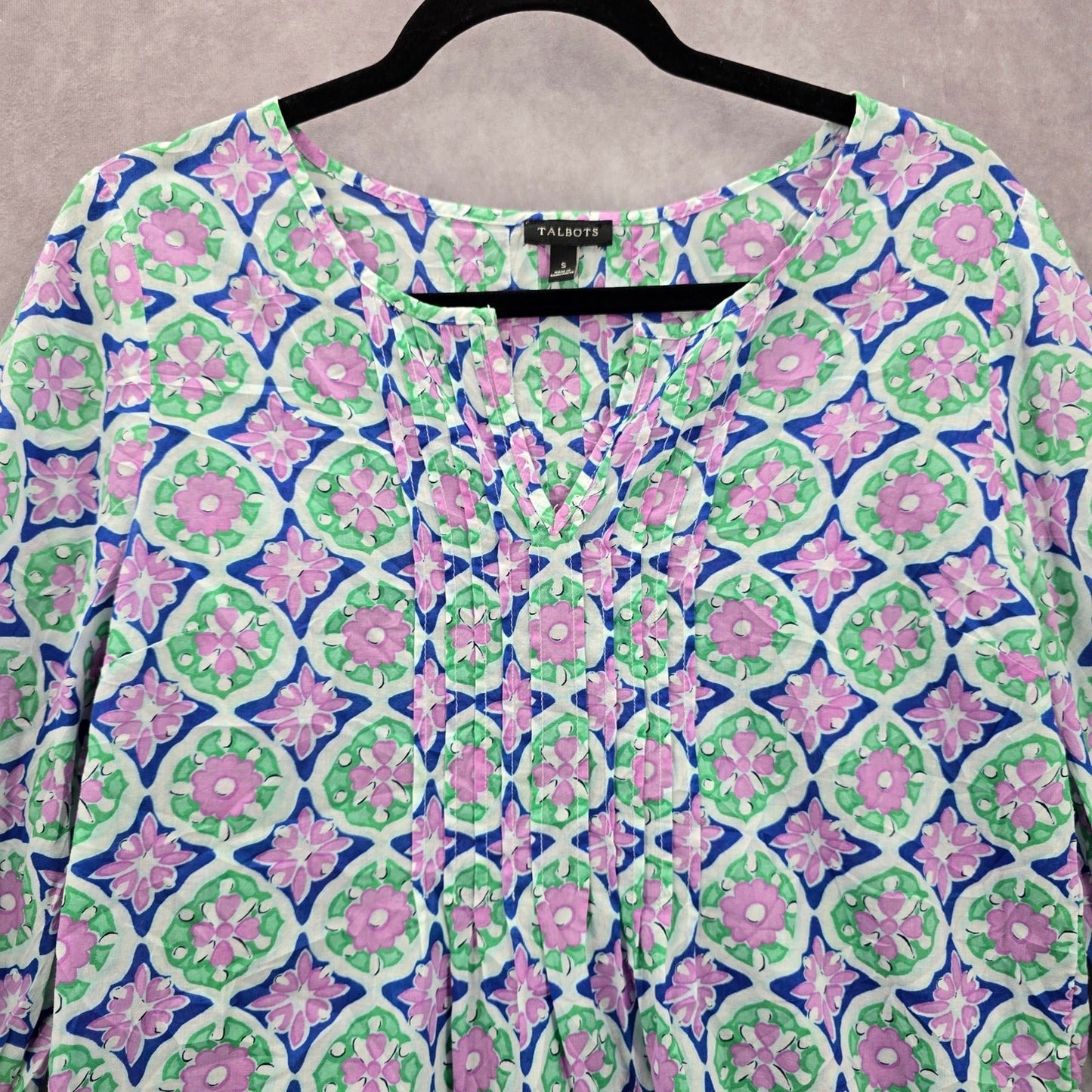 Talbots Green Pink Floral Paisley Boho Cotton Spring Shirt Top Blouse Small