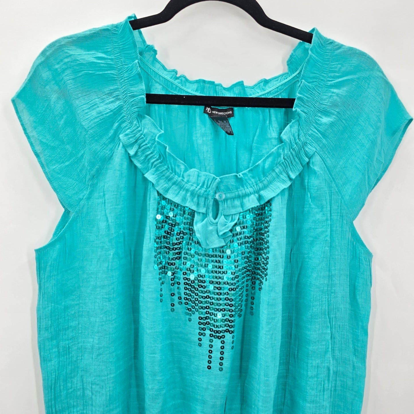 New Directions Green Short Sleeve Sequins L Ruffle Blouse Top Shirt Large