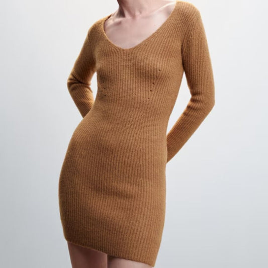 Mango Short Knitted Dress Long Sleeve Brown NWT Size 6