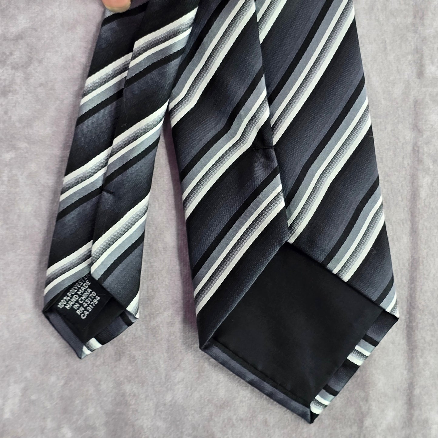 Stafford Essentials Black Gray White Stripe 100% Polyester Men's Neck Tie NWOT