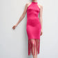 Mango MNG Halter Neck Fringed Pink Fuchsia Sleeveless Dress NWT Size 6