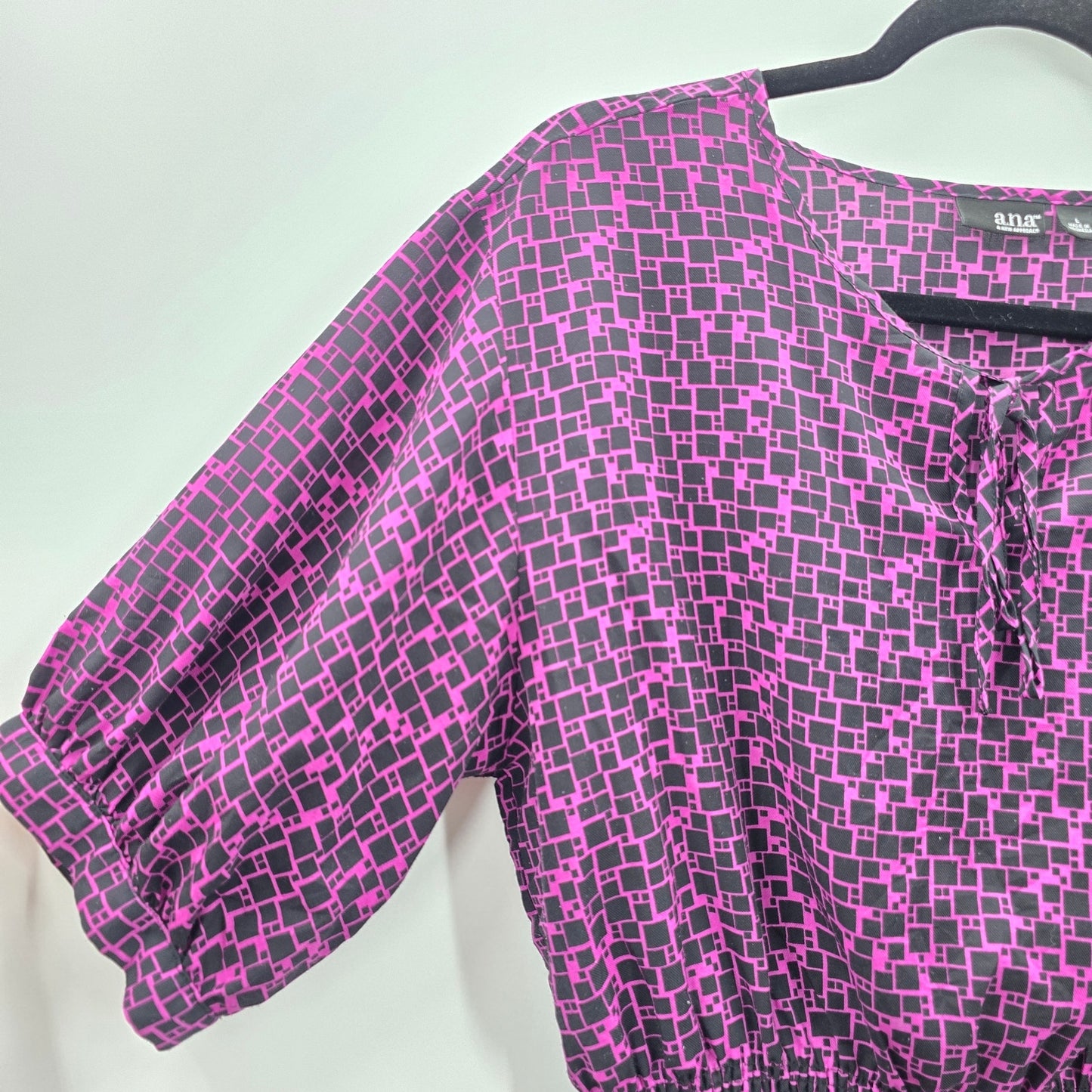 ana A New Approach Purple Black Printed Short Sleeve L Blouse Top Shirt Large