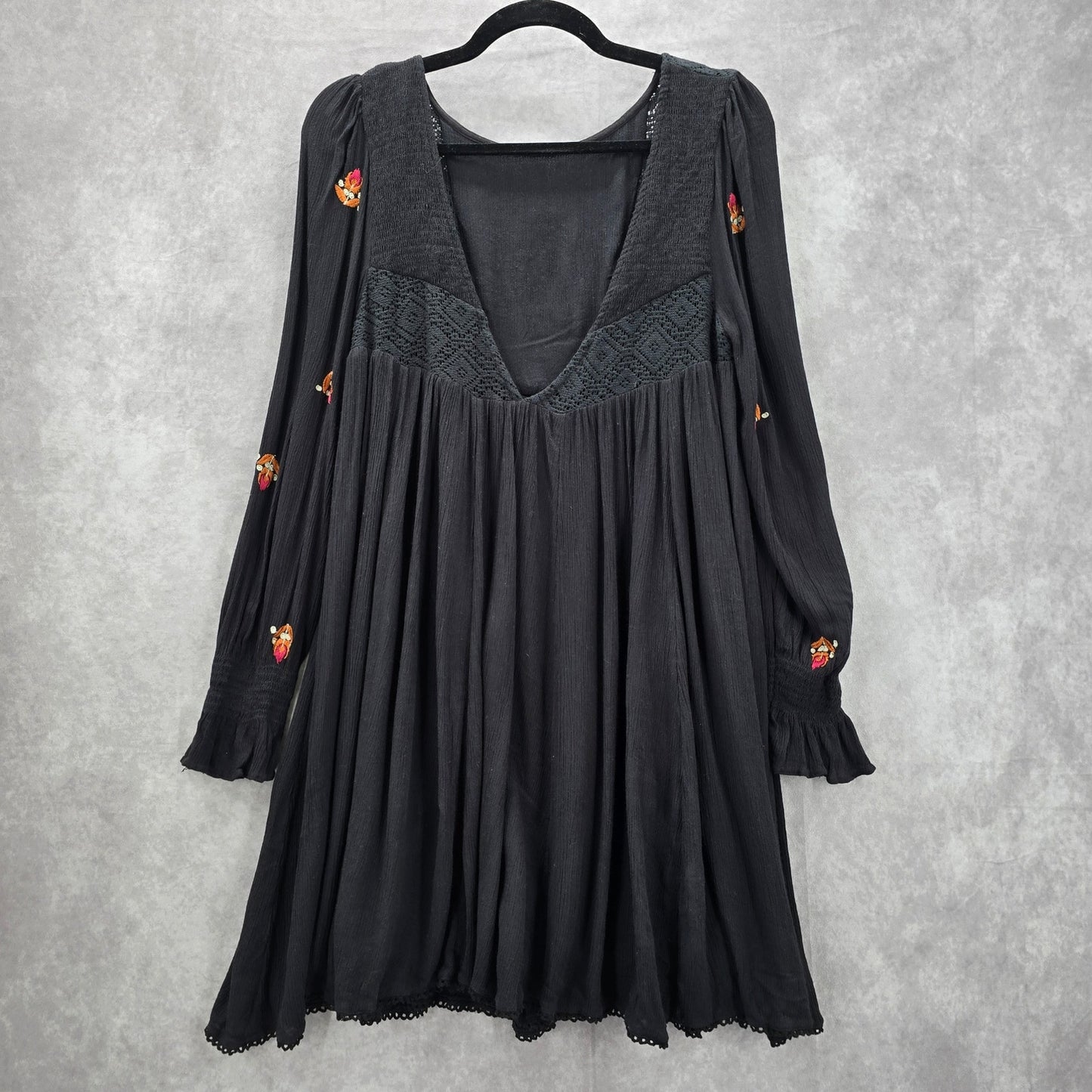 Free People Black Mojave Floral Embroidered Mini Dress Medium