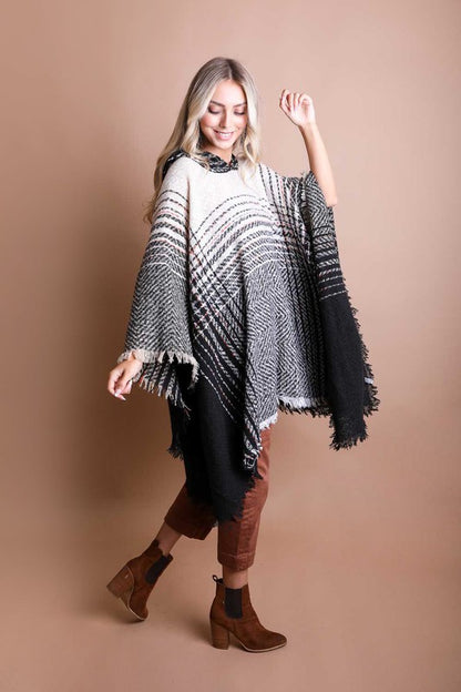 Herringbone Tweed Hooded Frayed Edge Poncho