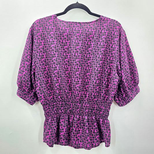 ana A New Approach Purple Black Printed Short Sleeve L Blouse Top Shirt Large