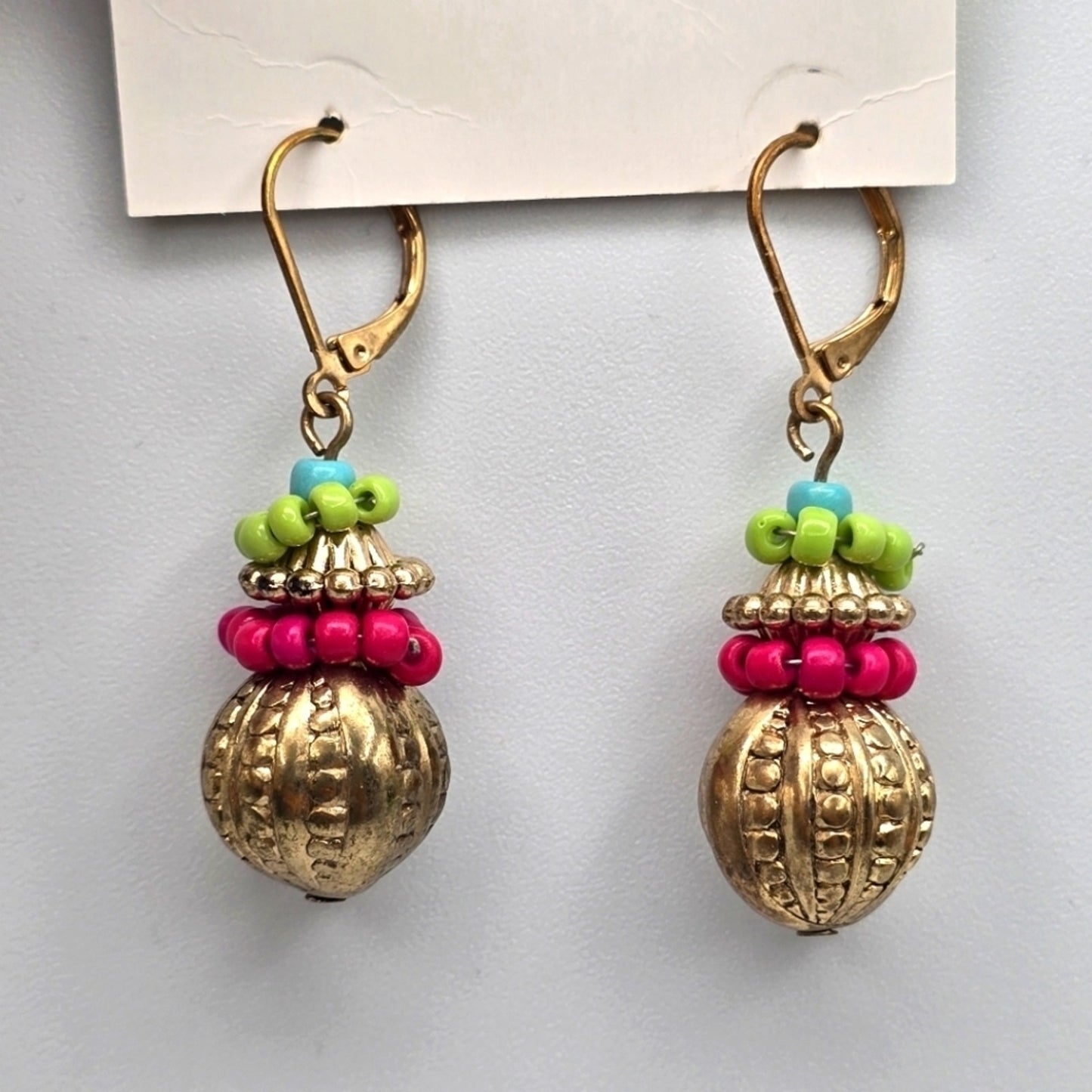 Zara Pink Bead Gold Dangle Hook Drop Earrings E17