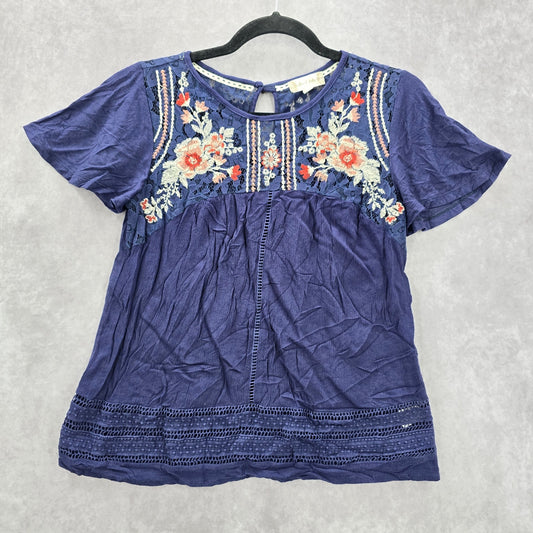 Altar'd State Blue Floral Embroidered Talon Lace Crochet Short Sleeve Top Small