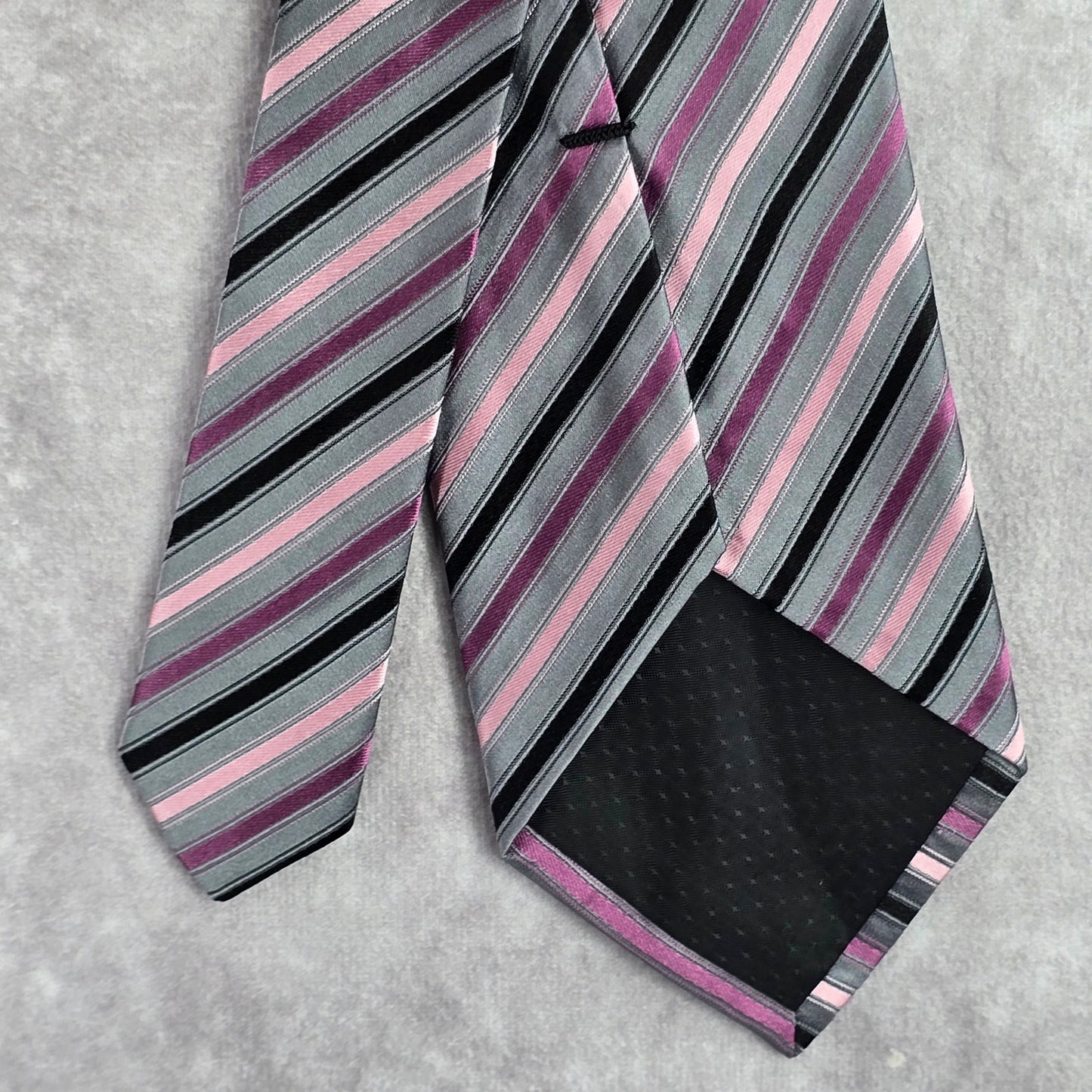 Geoffrey Beene Gray Pink Black Purple Stripe Geometric 100% Silk Neck Tie NWOT