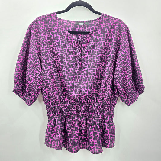 ana A New Approach Purple Black Printed Short Sleeve L Blouse Top Shirt Large