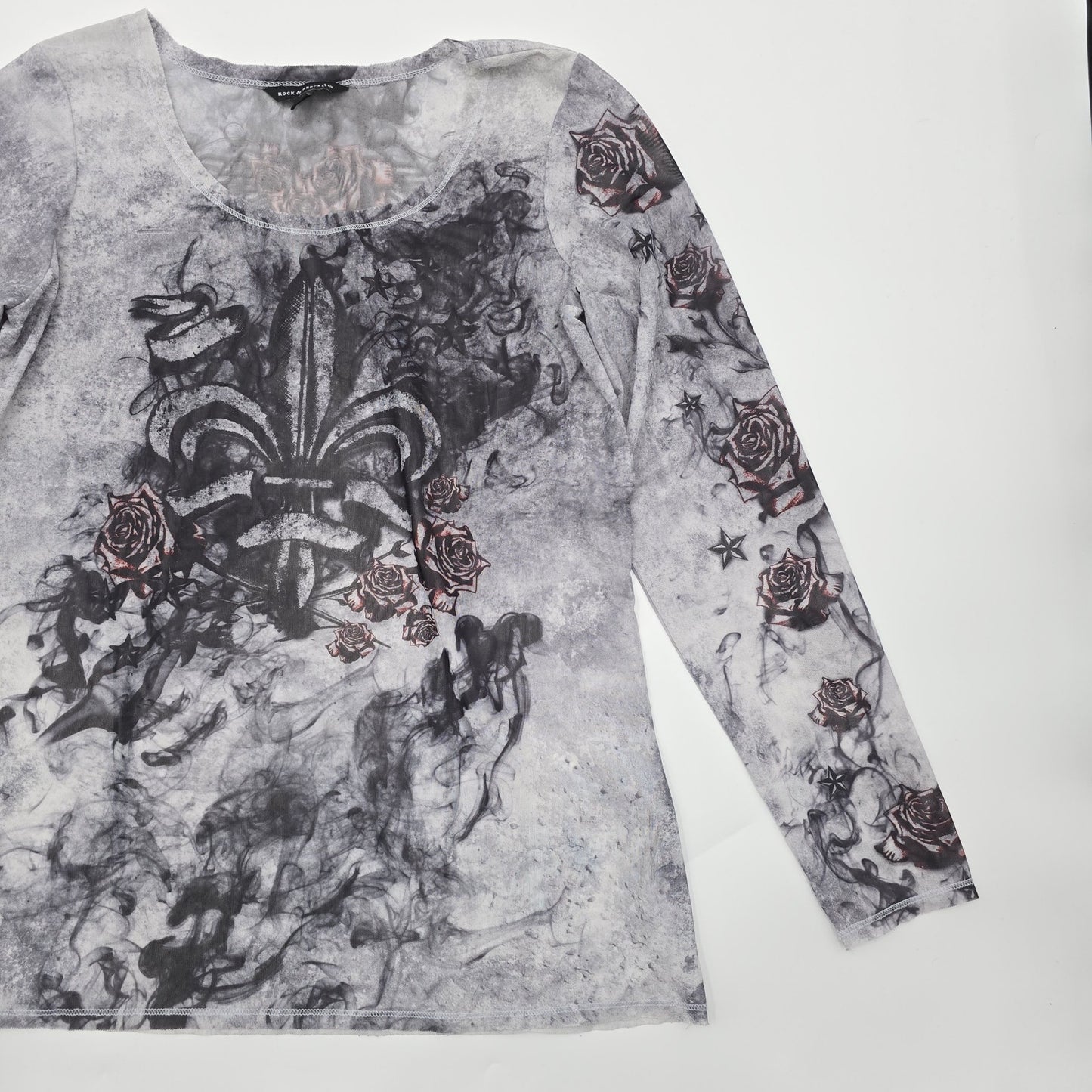 Rock & Republic Gray Mesh Floral Wing Sheer Long Sleeve Blouse Top Shirt Large