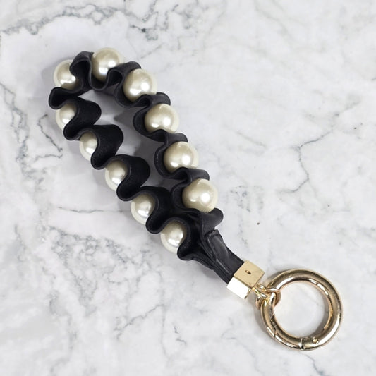 Black Faux Leather Pearl Accent Circle Clip Hook Wristlet Keychain