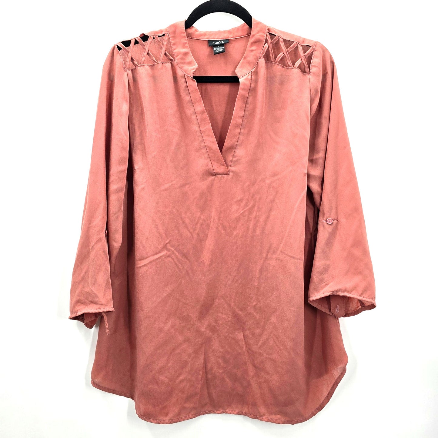 Rue 21 Pink Crisscross Polyester Short Sleeve L Blouse Top Shirt Large