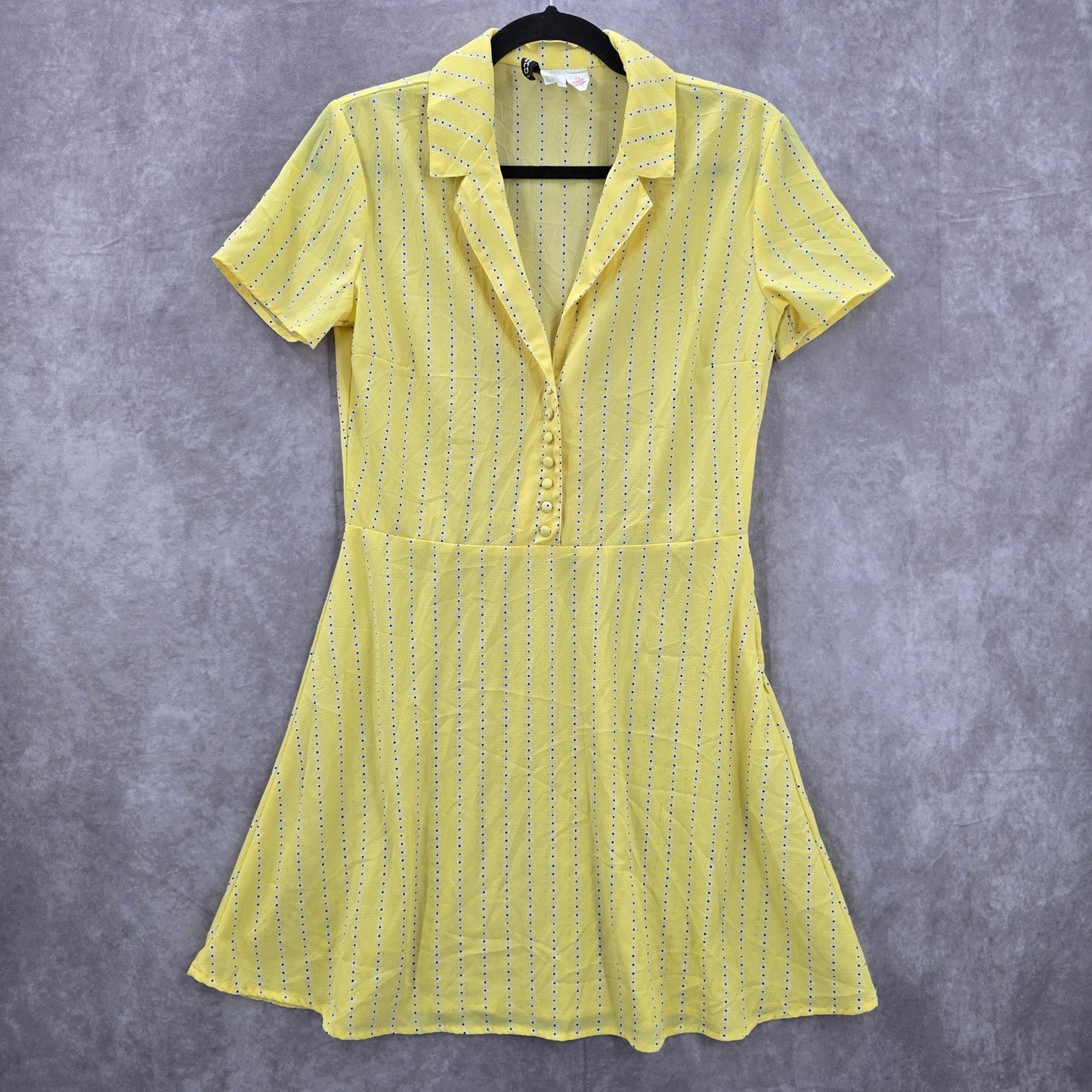 H&M Yellow Blue Polka Dots Fit Flare Short Sleeve Retro Mini Dress Small