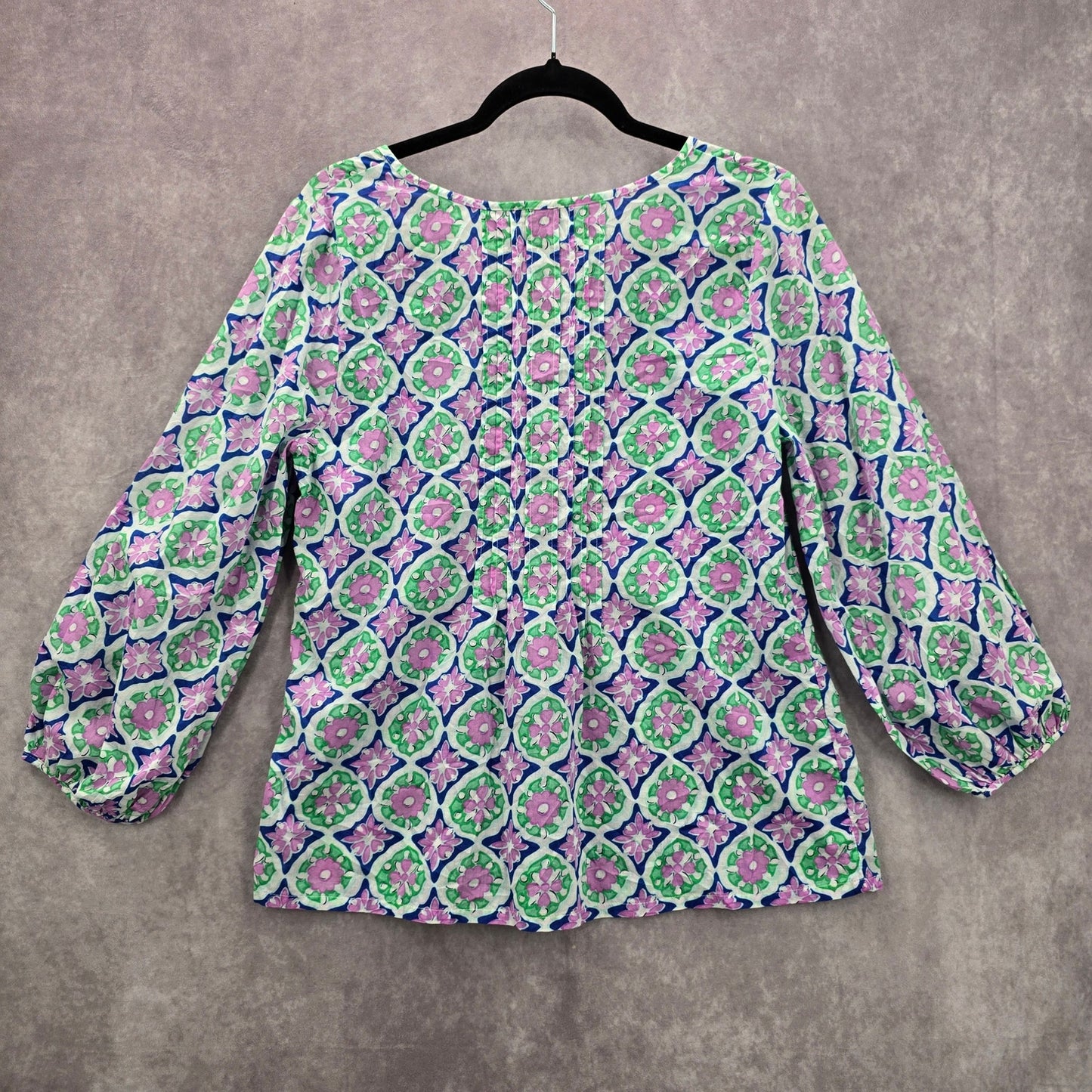 Talbots Green Pink Floral Paisley Boho Cotton Spring Shirt Top Blouse Small