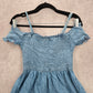 Love Tree Juniors Romper Light Blue Chambray Ruched Off Shoulder Top Small