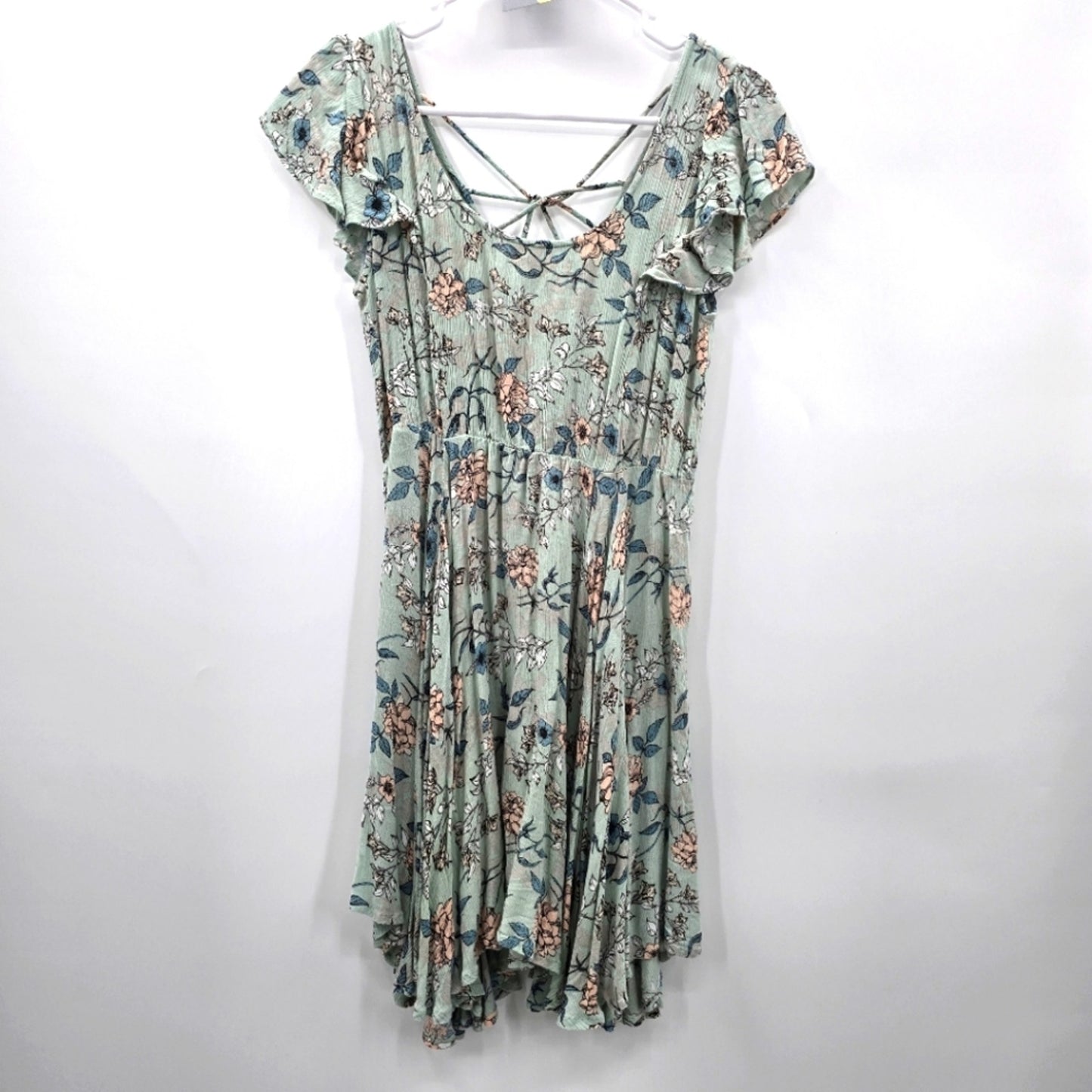 Koovs Blue Mint Short Flare Boho Wrap Floral Dress Size S