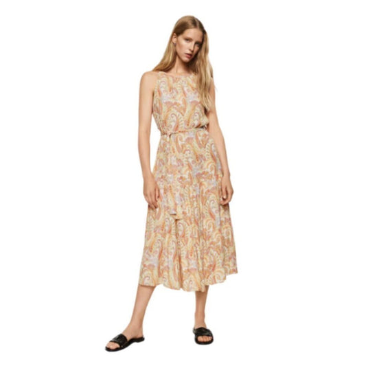 Mango Flowy Paisley Sleeveless Belt Tie Long Dress 16 NWT