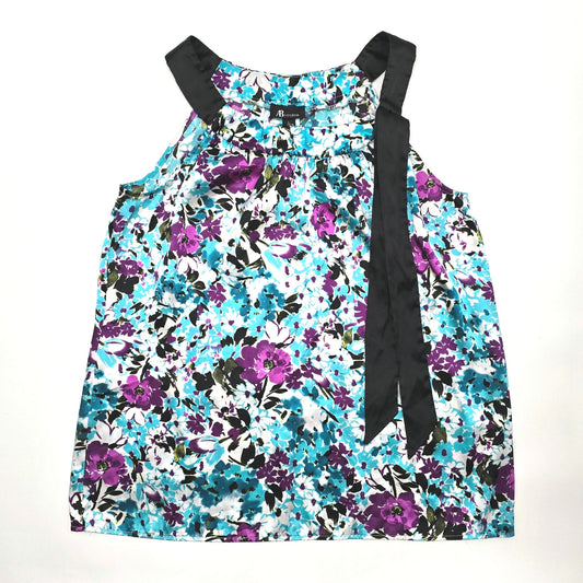 AB Studio Blue Purple Floral Tie Sleeveless L Blouse Top Shirt Large