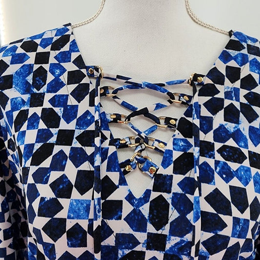 Michael Kors Geometric Tunic Multi Color Criss Cross Blouse Top Shirt Medium