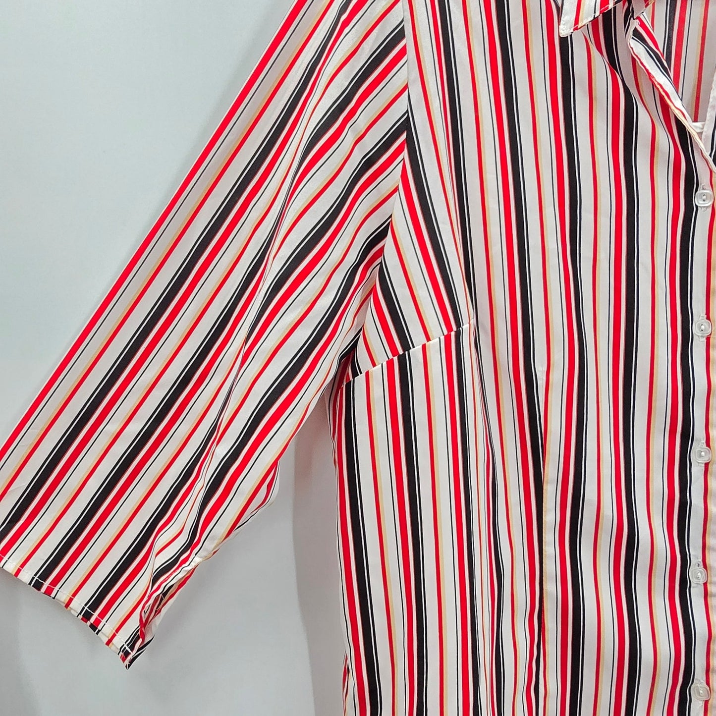 Joanna Red Black Stripe Stretch Button Poly Spandex L Blouse Top Shirt Large