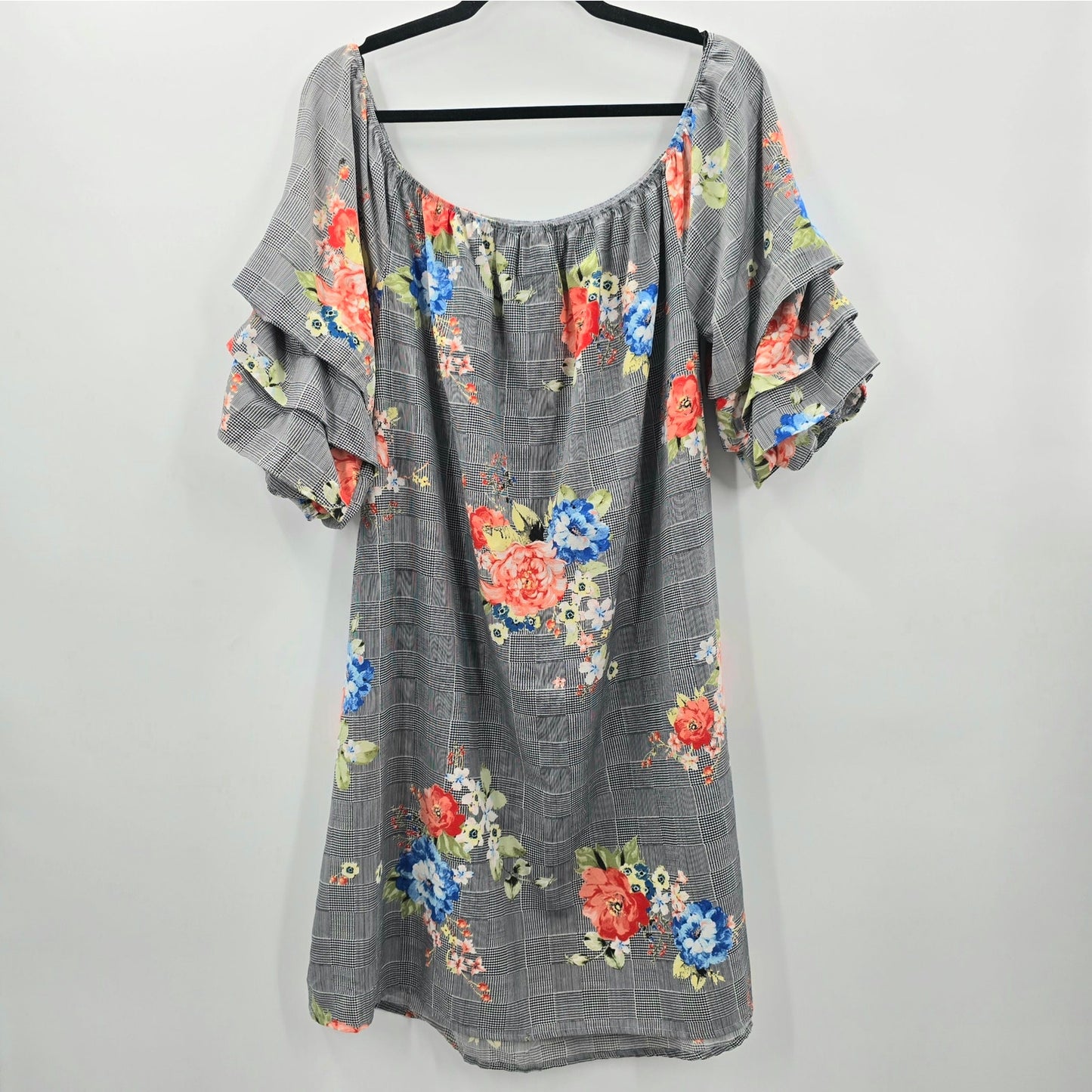 Love J Gray Floral Short Sleeve Knee Length Plus Dress 1X