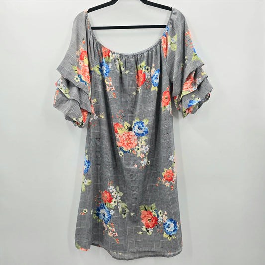 Love J Gray Floral Short Sleeve Knee Length Plus Dress 1X