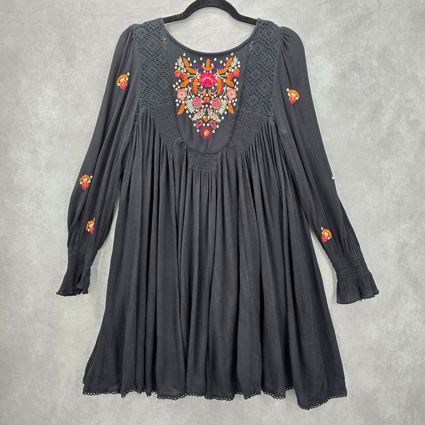 Free People Black Mojave Floral Embroidered Mini Dress Medium