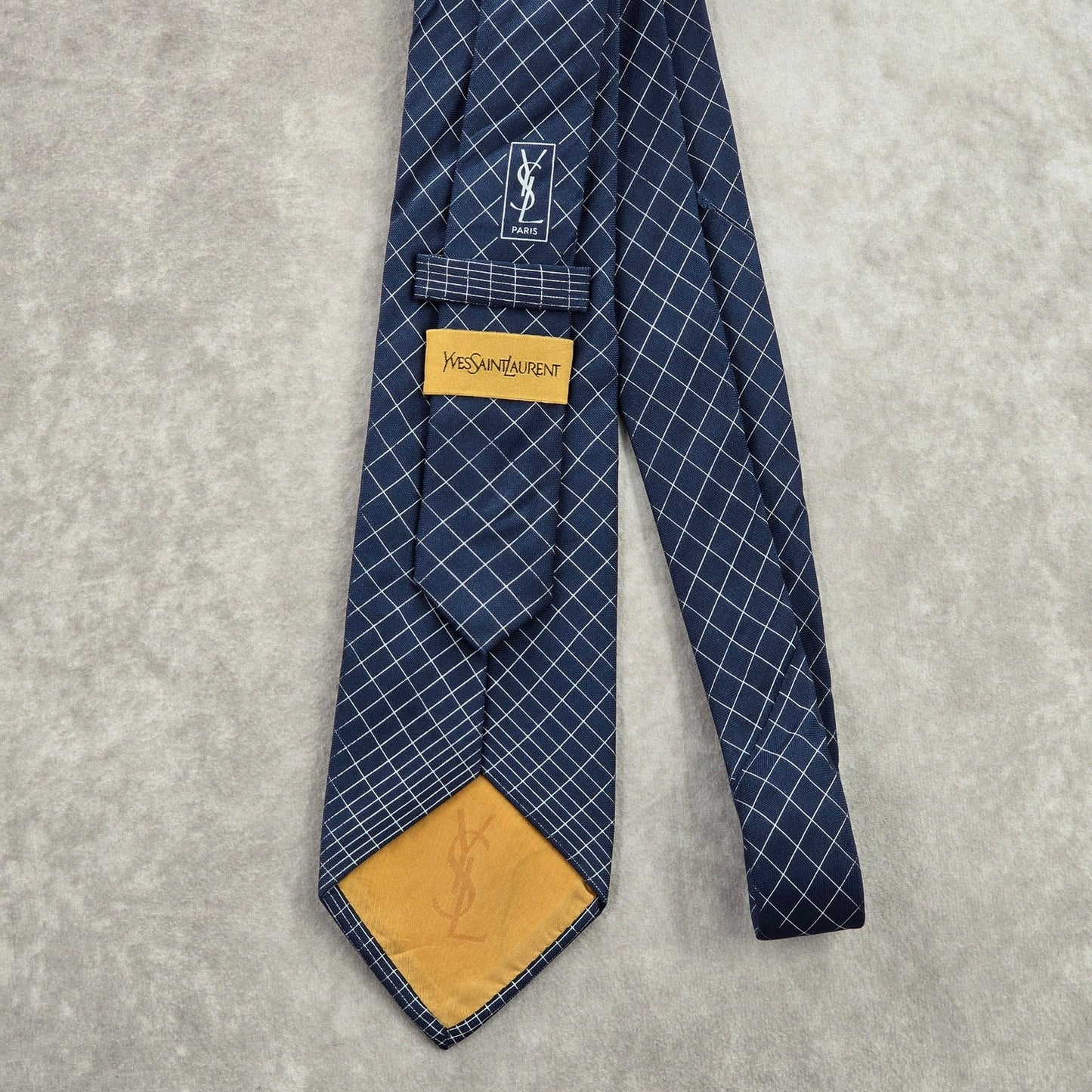 Yves Saint Laurent YSL Blue Gold Stripe Plaid Executive Silk Italy Neck Tie Men