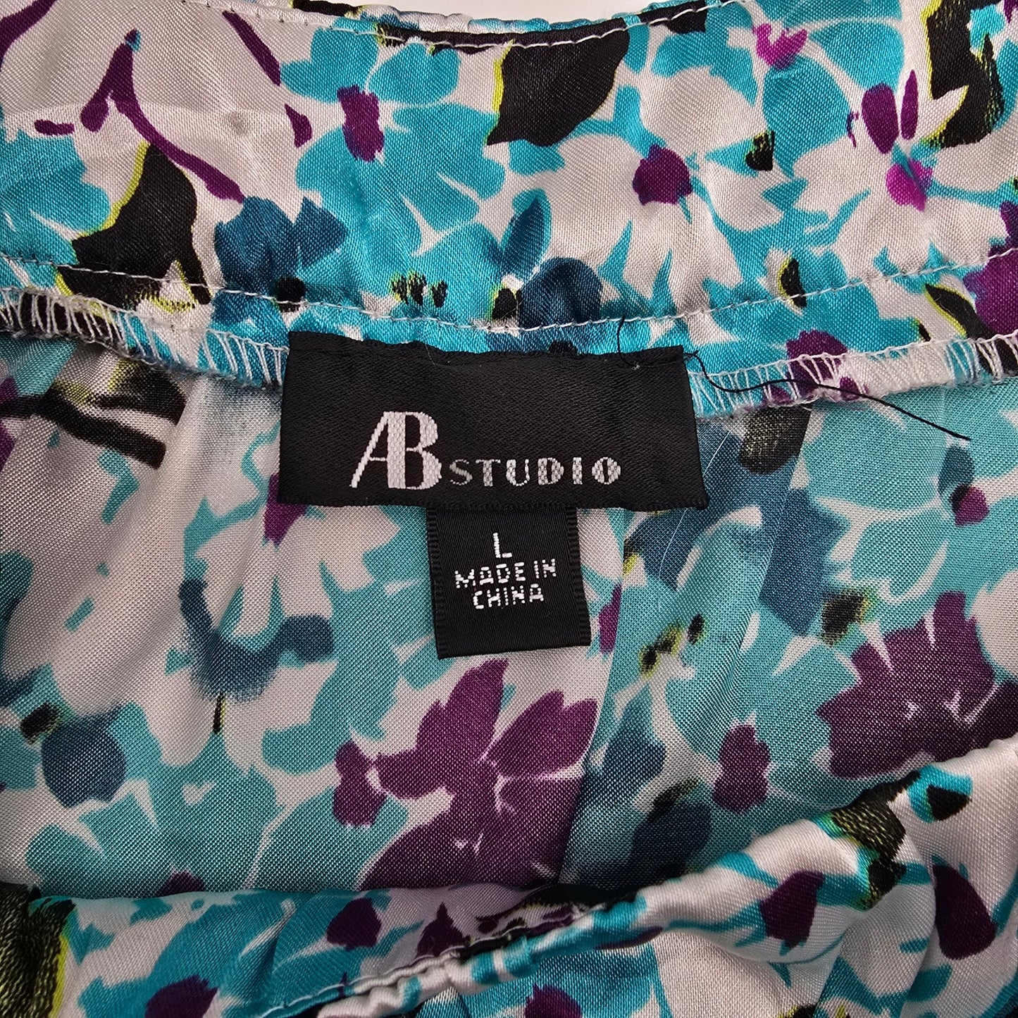 AB Studio Blue Purple Floral Tie Sleeveless L Blouse Top Shirt Large