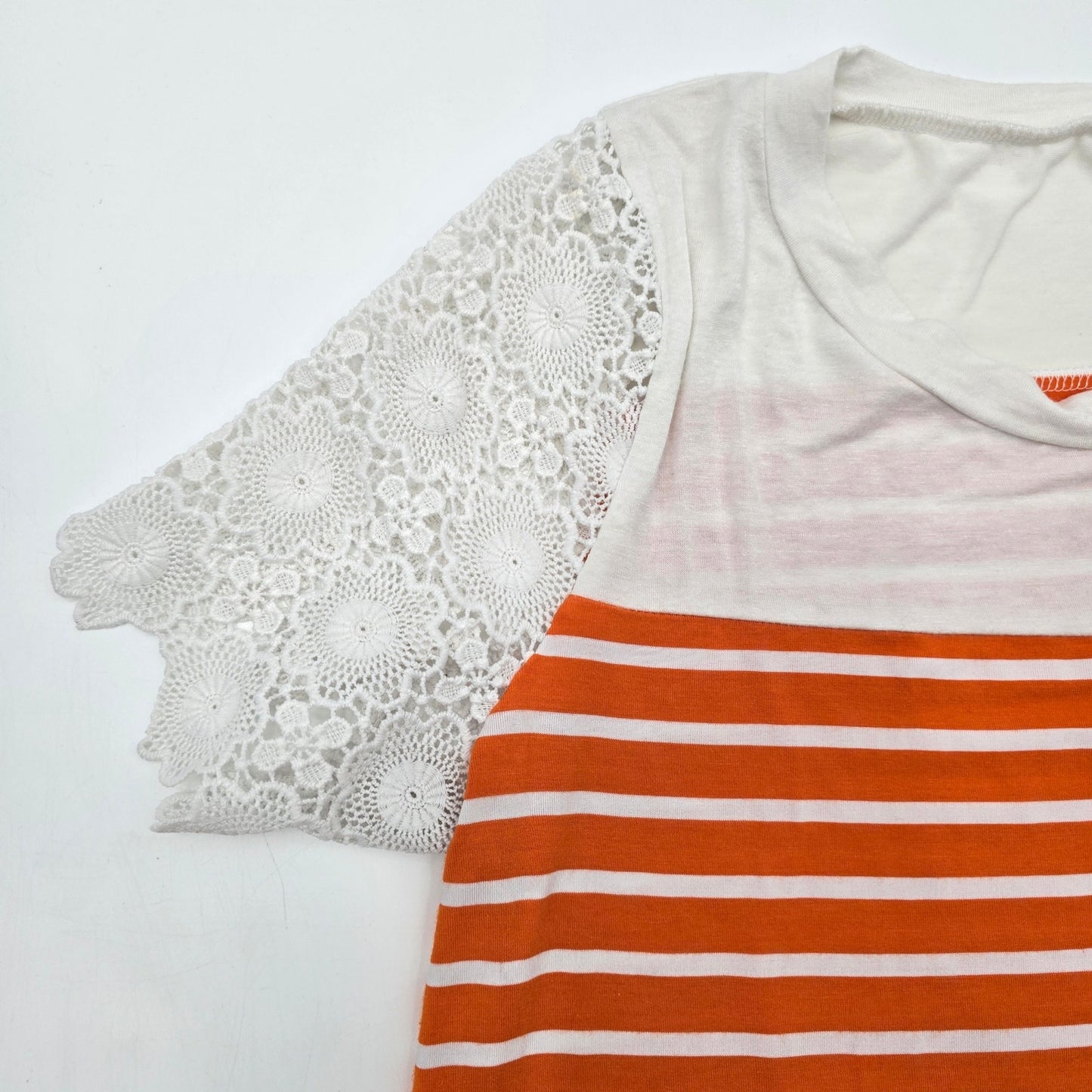 Cato Orange White Stripe Lace Short Sleeve T-shirt Tee L Blouse Top Shirt Large