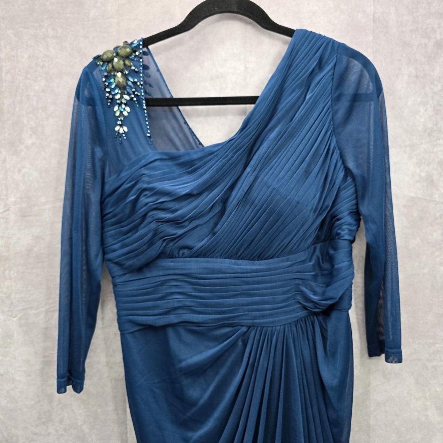 Adrianna Papell Blue Sheer Beaded Midi Length Cocktail Dress Size 12