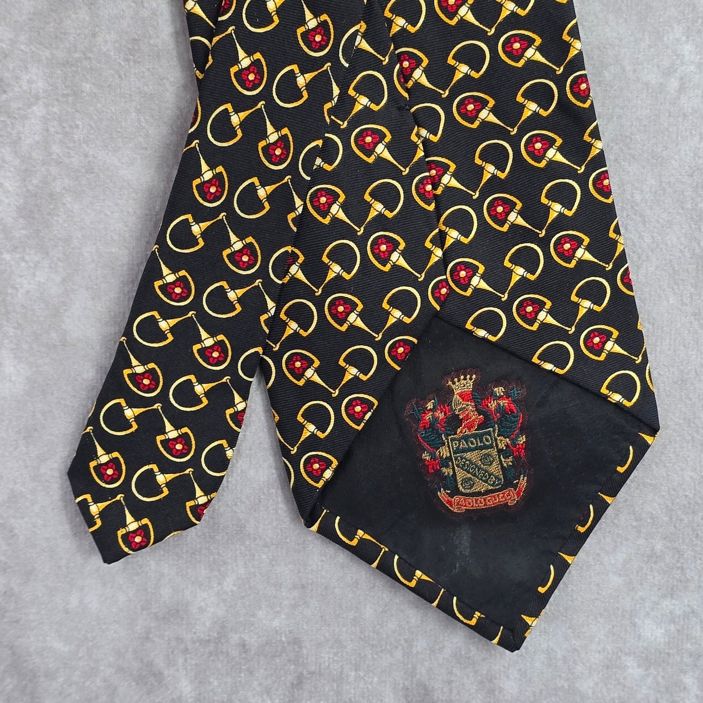 Paolo Gucci Black Bold Red Floral Horsebit Vtg 100% Silk Italy Mens Neck Tie